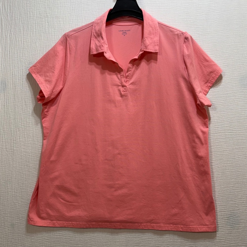 Laura Scott Woman Coral Pink Short Sleeve Collared Polo Shirt Top 2X Sporty
